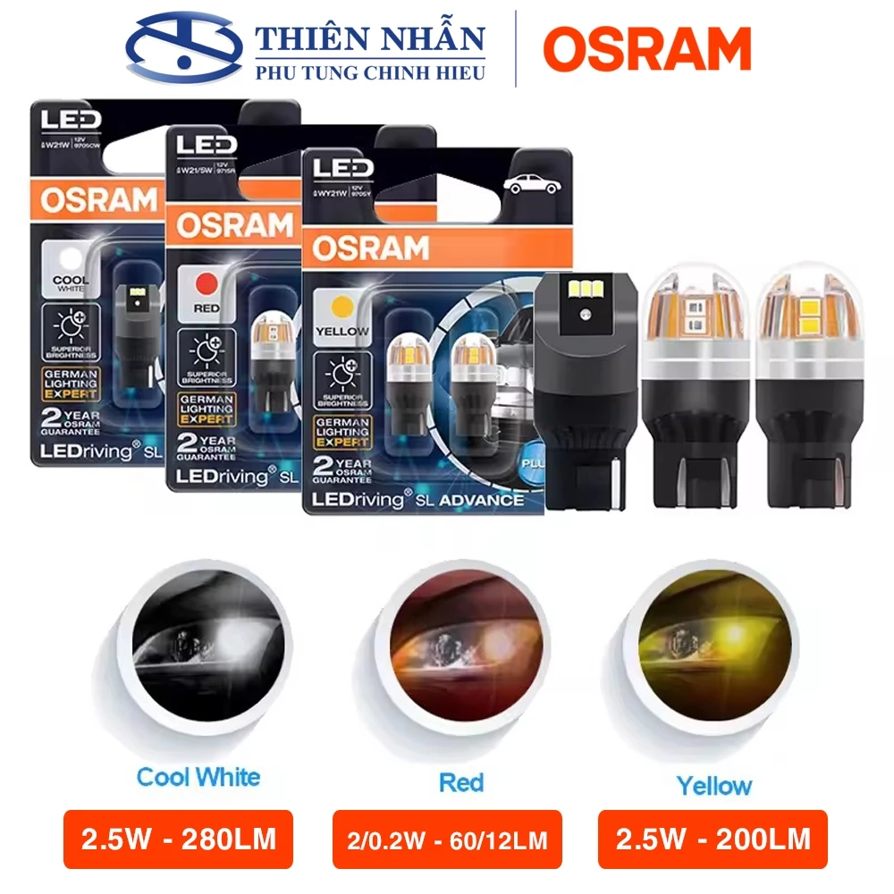 Bóng đèn Led Osram T20 ô tô tín hiệu, báo rẽ, demi, định vị, lùi, biển số,.. sáng trắng 9705CW - vàng 9705Y - đỏ 9715R